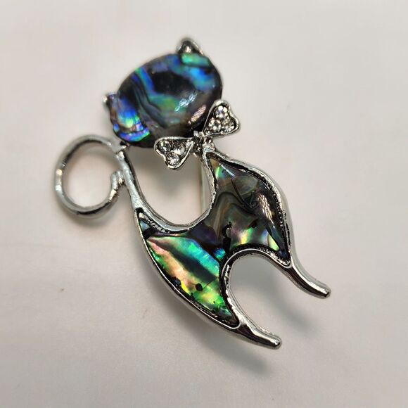 Alley Cat Iridescent Enamel Blue Brooch Pendant  Bow Tie Silver Tone Sleek 2" - Picture 5 of 16